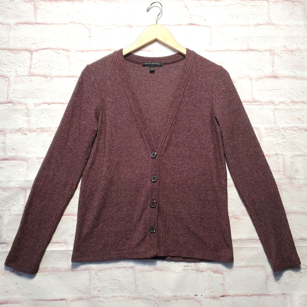 Banana Republic Cardigan Sweater Womens XS Burgundy Marled Knit Button Stretch